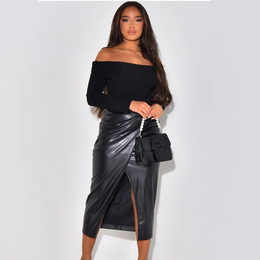 Women Fashion High Waist Pleated Split Irregular Midi PU Leather Skirt